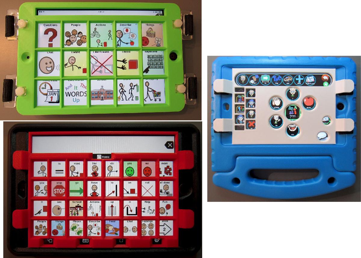 Protetor de tecla personalizavel e imprimivel em 3D para aplicativos AAC baseados em grade, de forma livre e hibridos em tablets