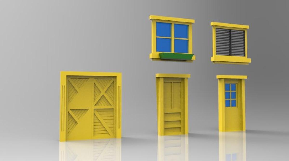 Conjunto de portas e janelas para maquetes.