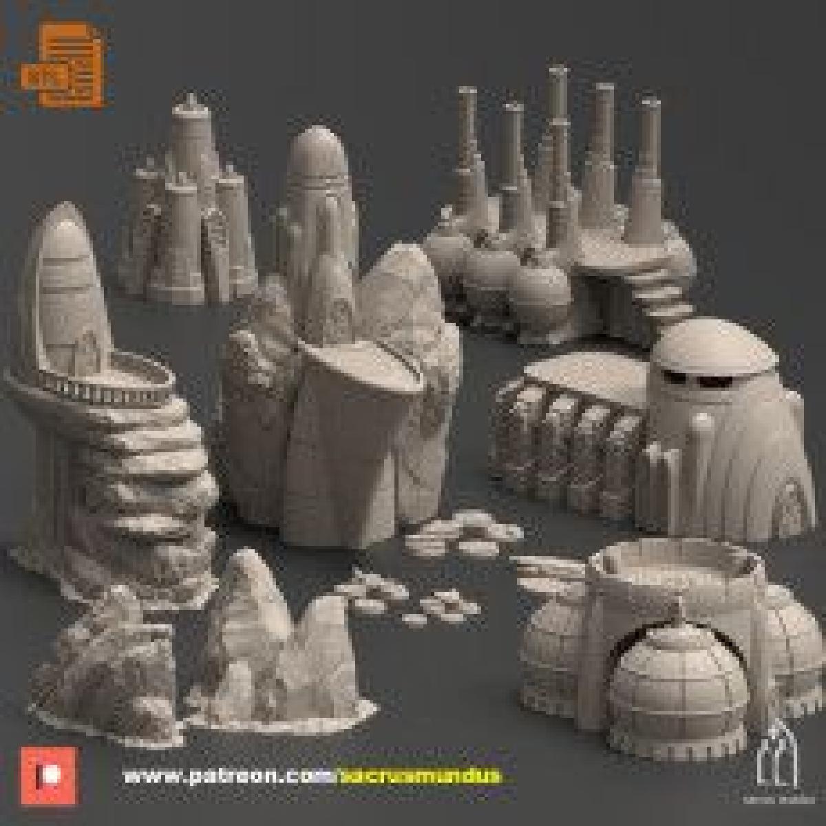O Planeta Prospero. Pacote de Designs de Impressao 3D. Edificios Futuristas de Ficcao Cientifica, Rochas e Geradores. Terreno e Cenario para Jogos de Guerra.