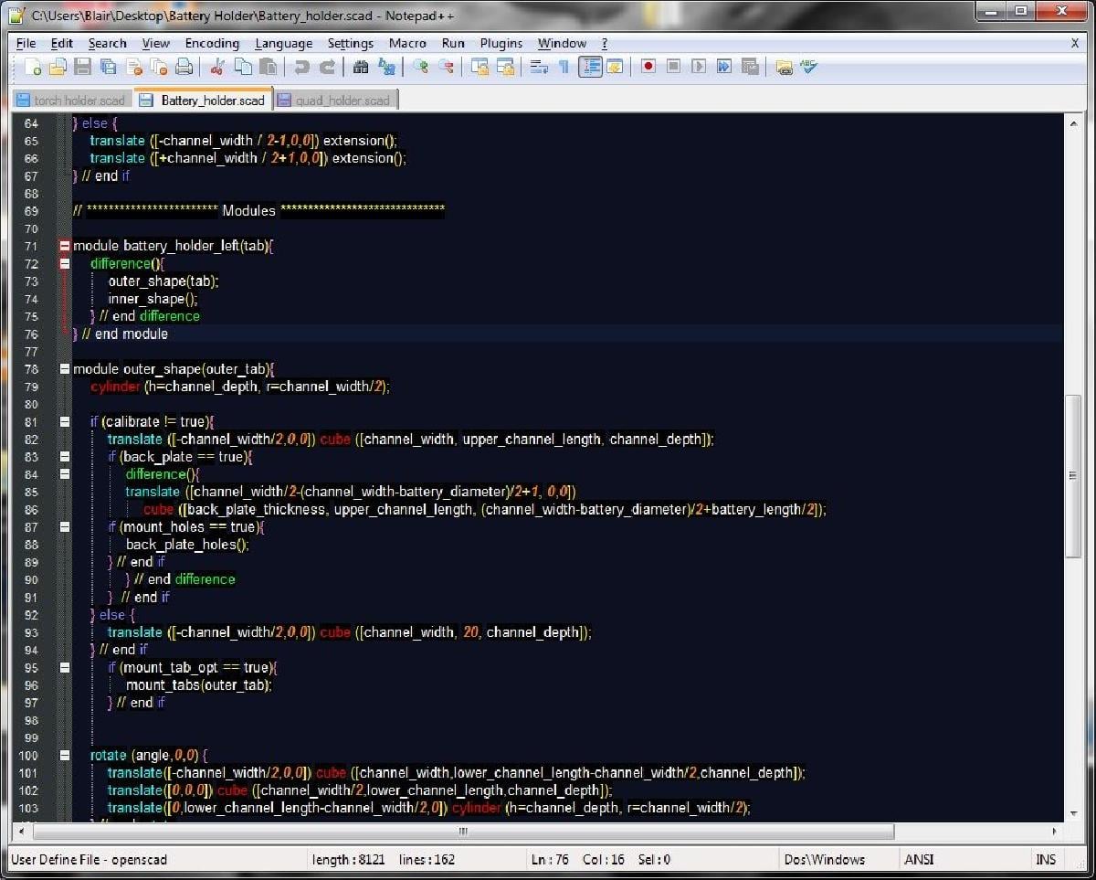 Arquivo de Linguagem OpenSCAD/Notepad++ (incluindo guia de uso)