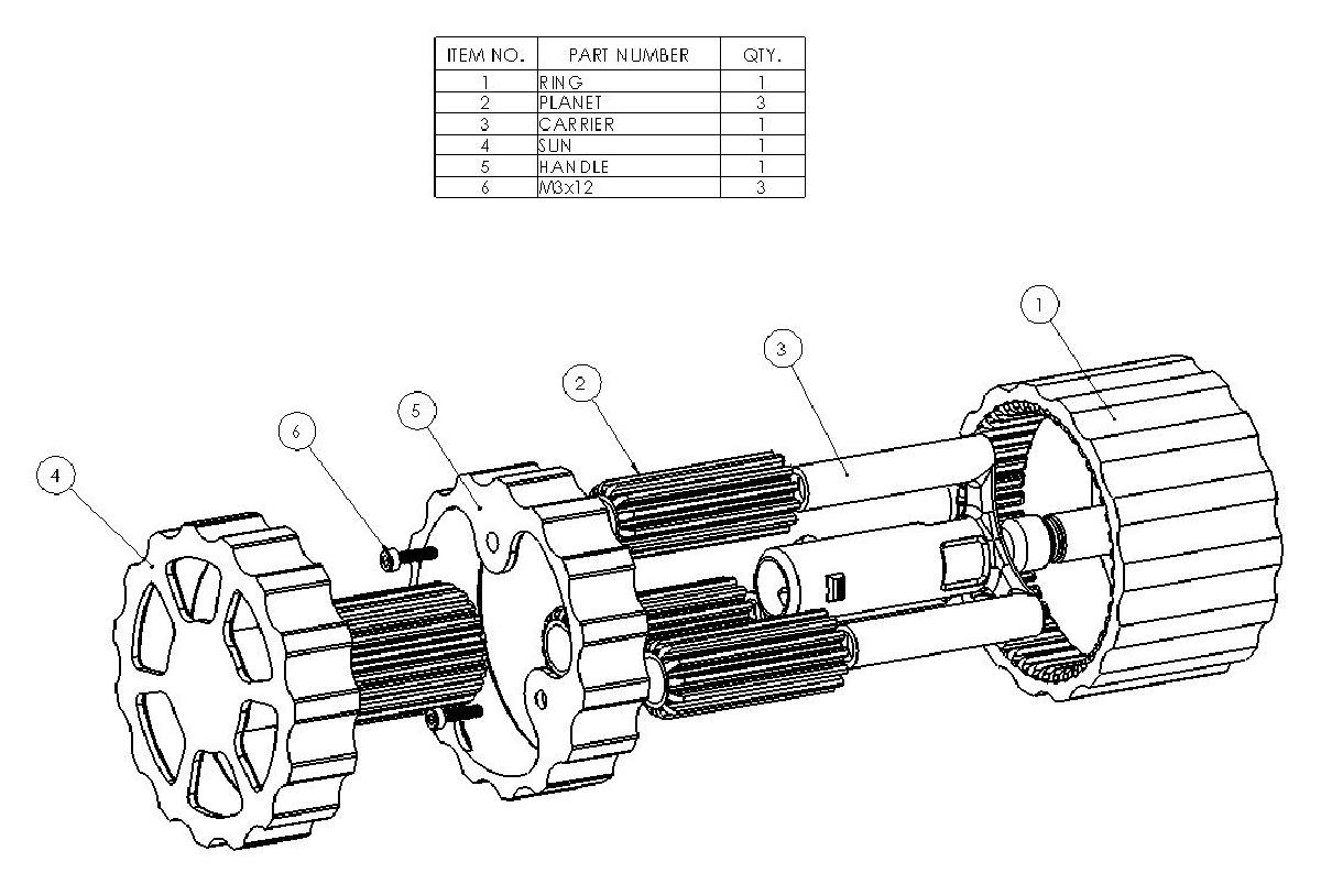 Conjunto de engrenagens planetárias explodidas