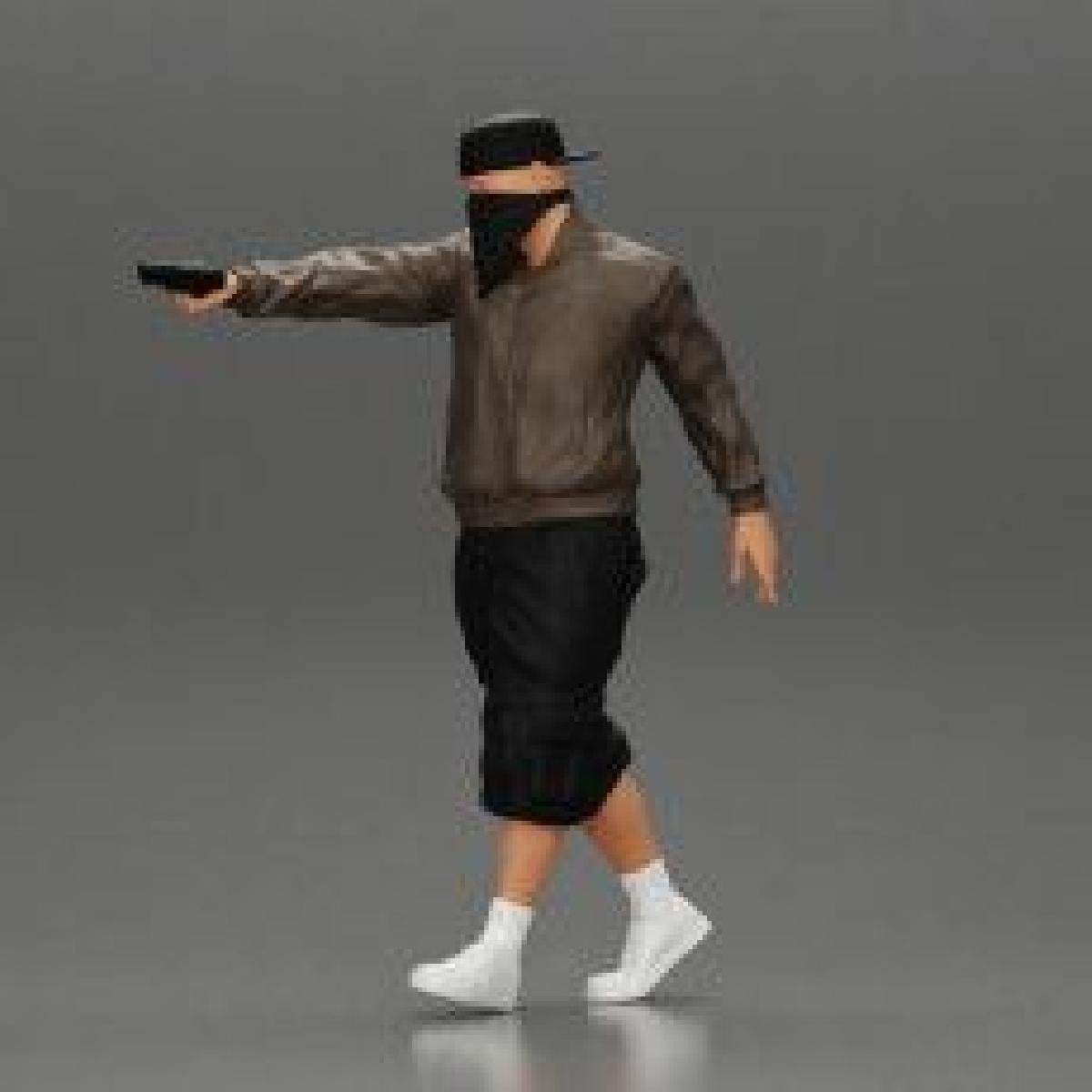 gangster amigo com mascara andando e segurando arma de lado