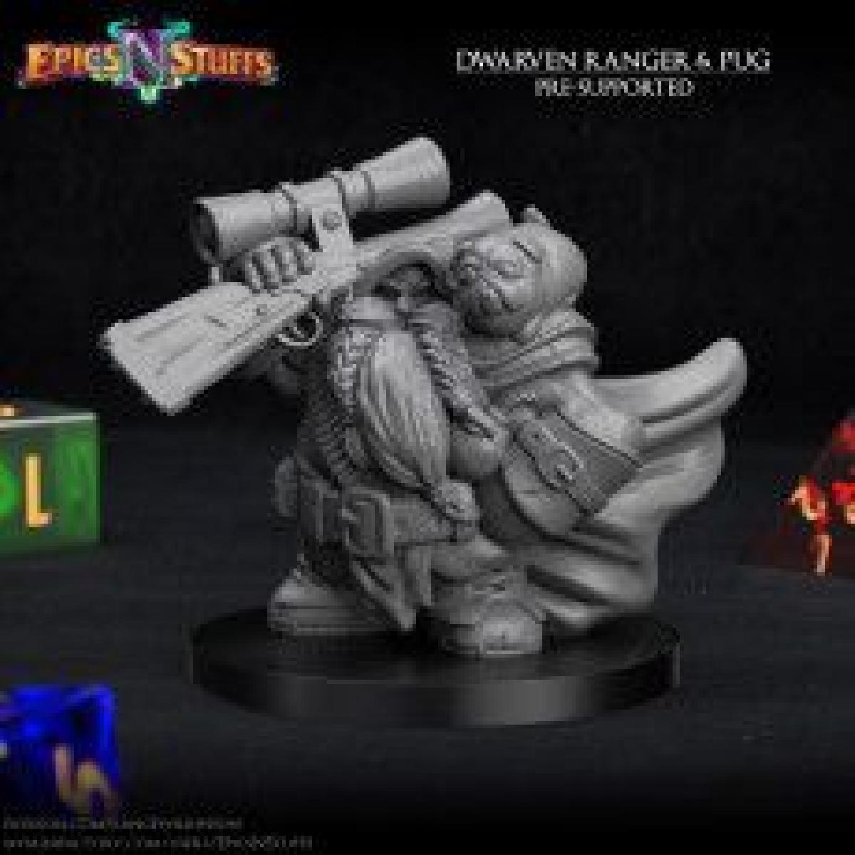 Dwarven Ranger wGun e Pug familiar Miniatura   pré suportado