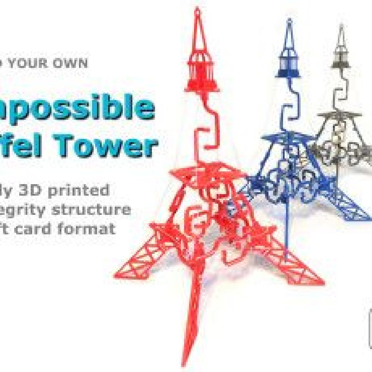 A Torre Eiffel Impossivel estrutura de tensegridade totalmente impressa em 3D em formato de cartao presente