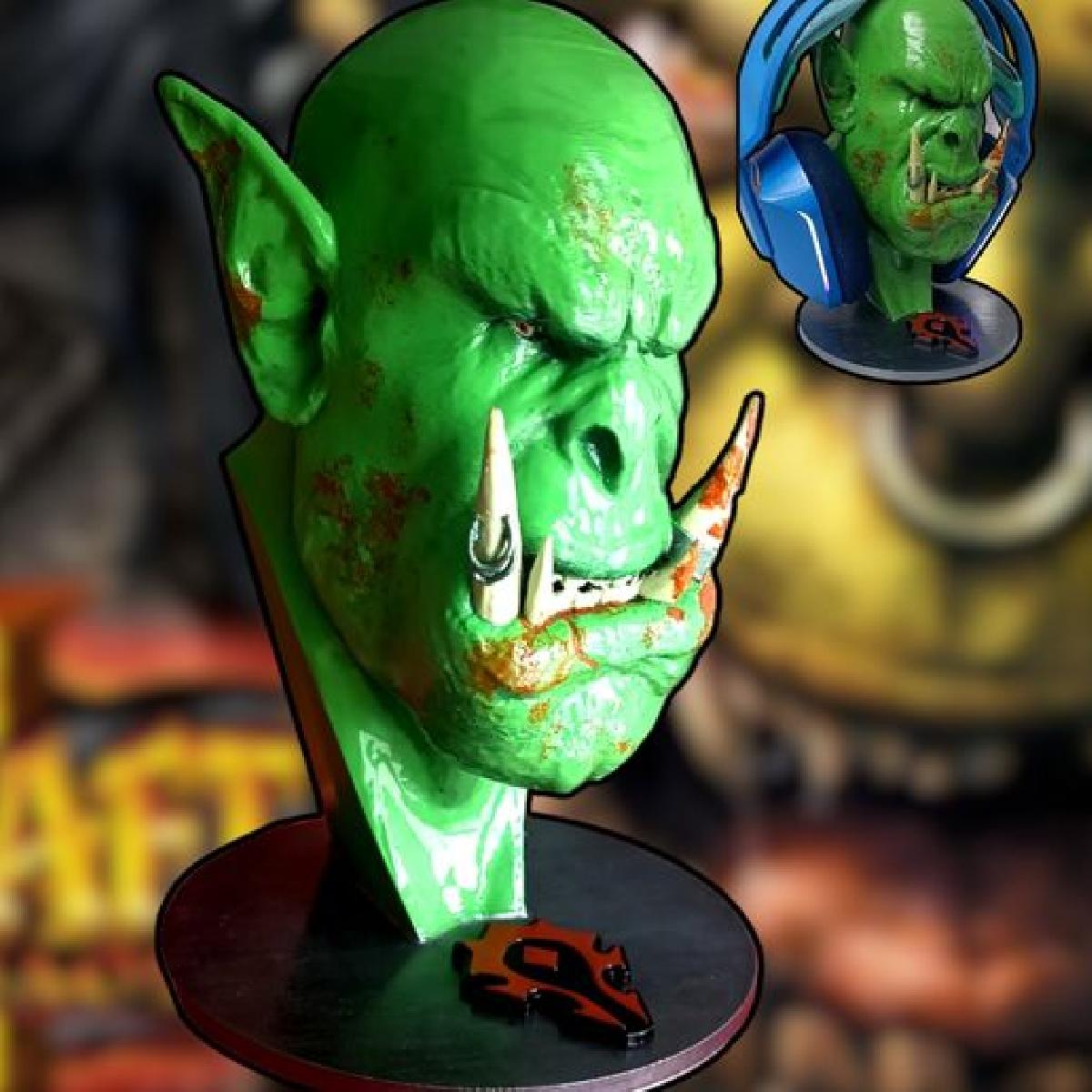 Estatua, suporte para fones de ouvido, busto de orc, World of Warcraft, WOW.