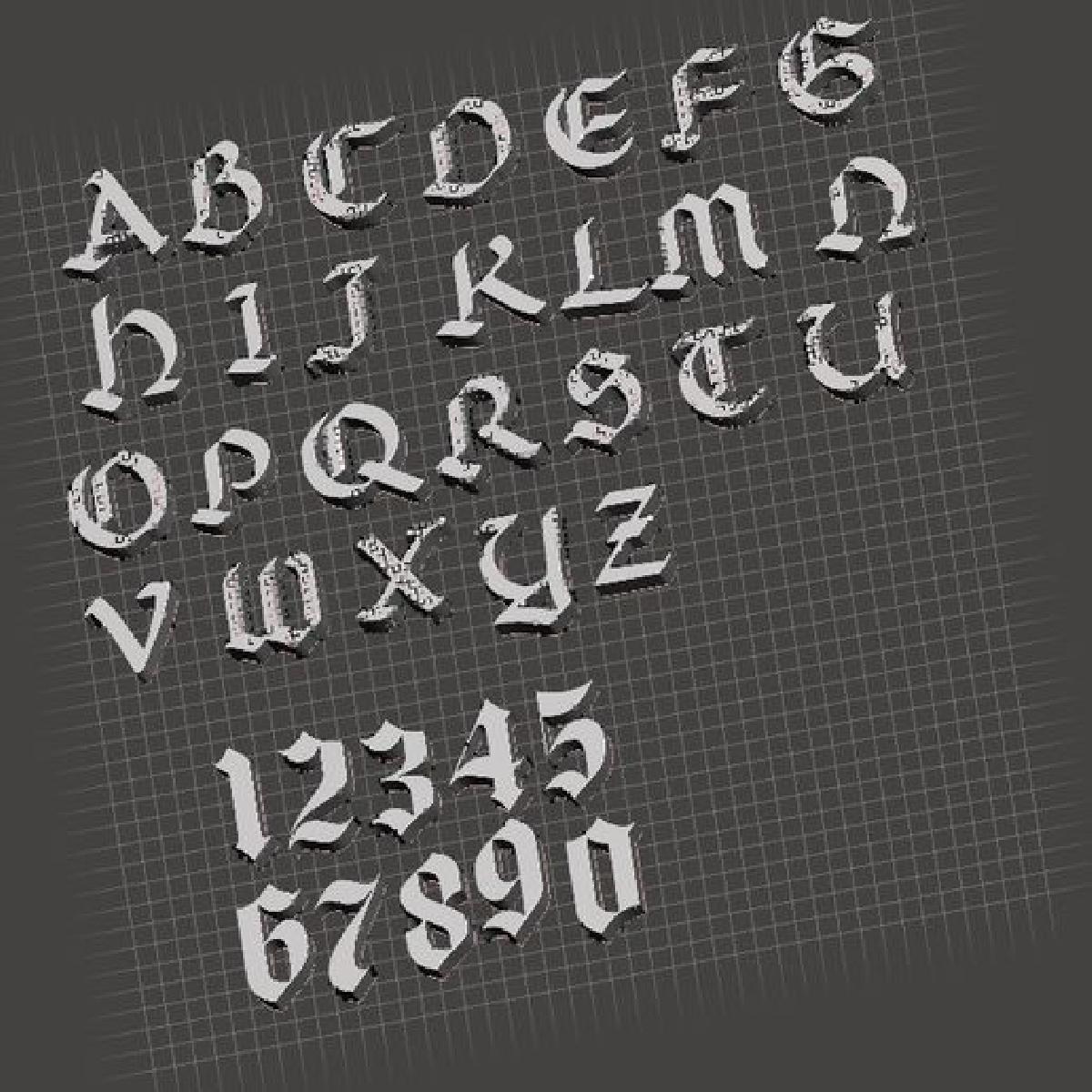 Letra Gotica "Medieval"   apresentada como tipos solidos com letras redimensionadas para aproximadamente 4mm.