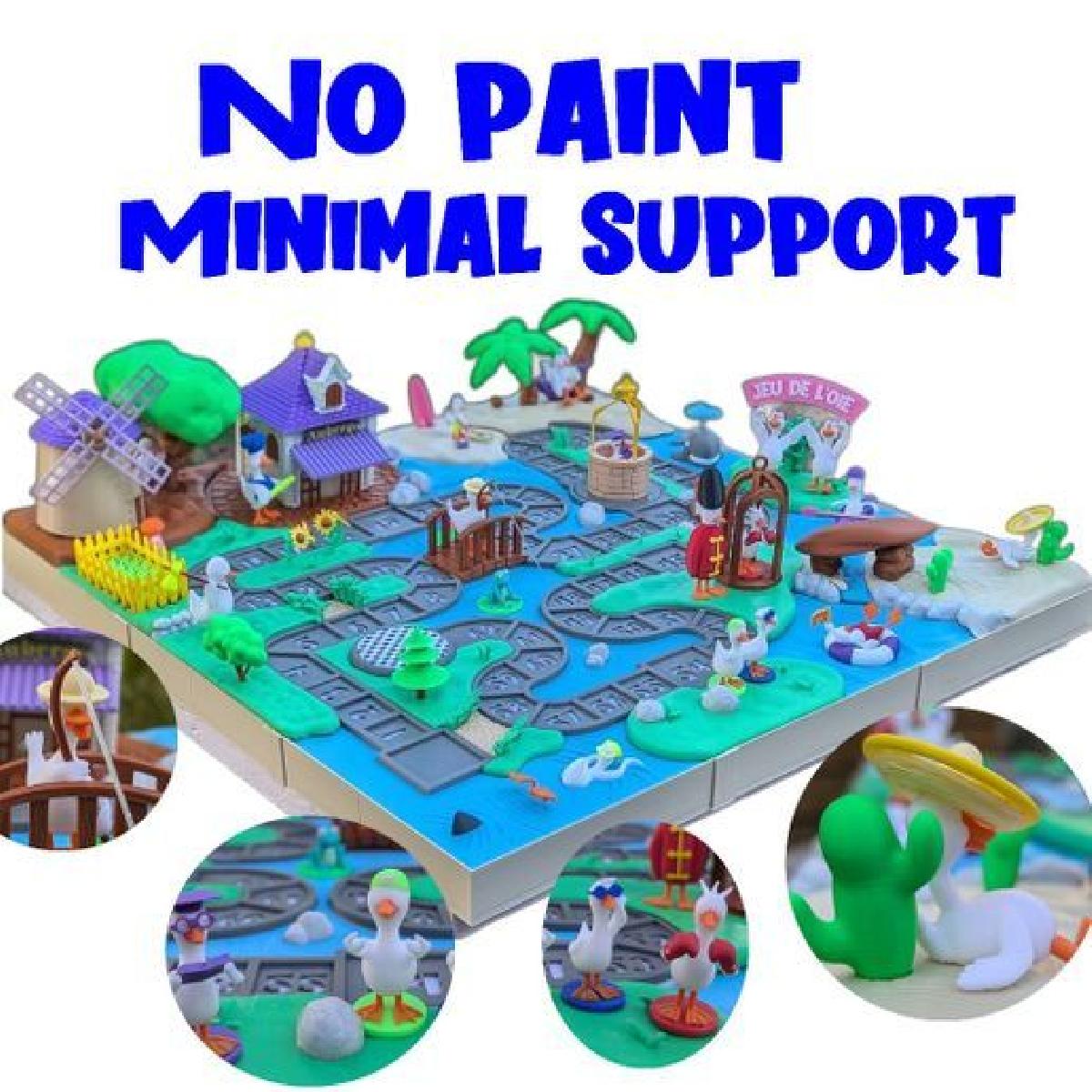 Jogo de ganso XXL impresso em 3D   Modelo unico e ludico para todas as geracoes (tabuleiro, decoracoes, torre de dados e contadores)