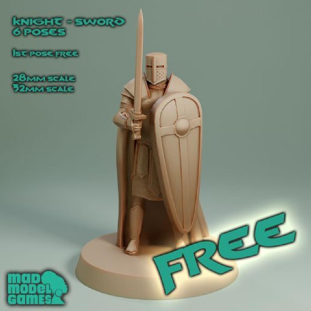 Cavaleiro Medieval Espada GRATIS, personagem de DND, soldado NPC, miniatura de fantasia, miniatura de wargame, escala 28mm e 32mm.