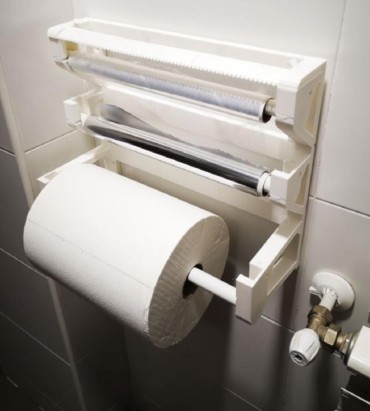 Porta rolos de papel toalha, aluminio e filme ou plastico transparente.