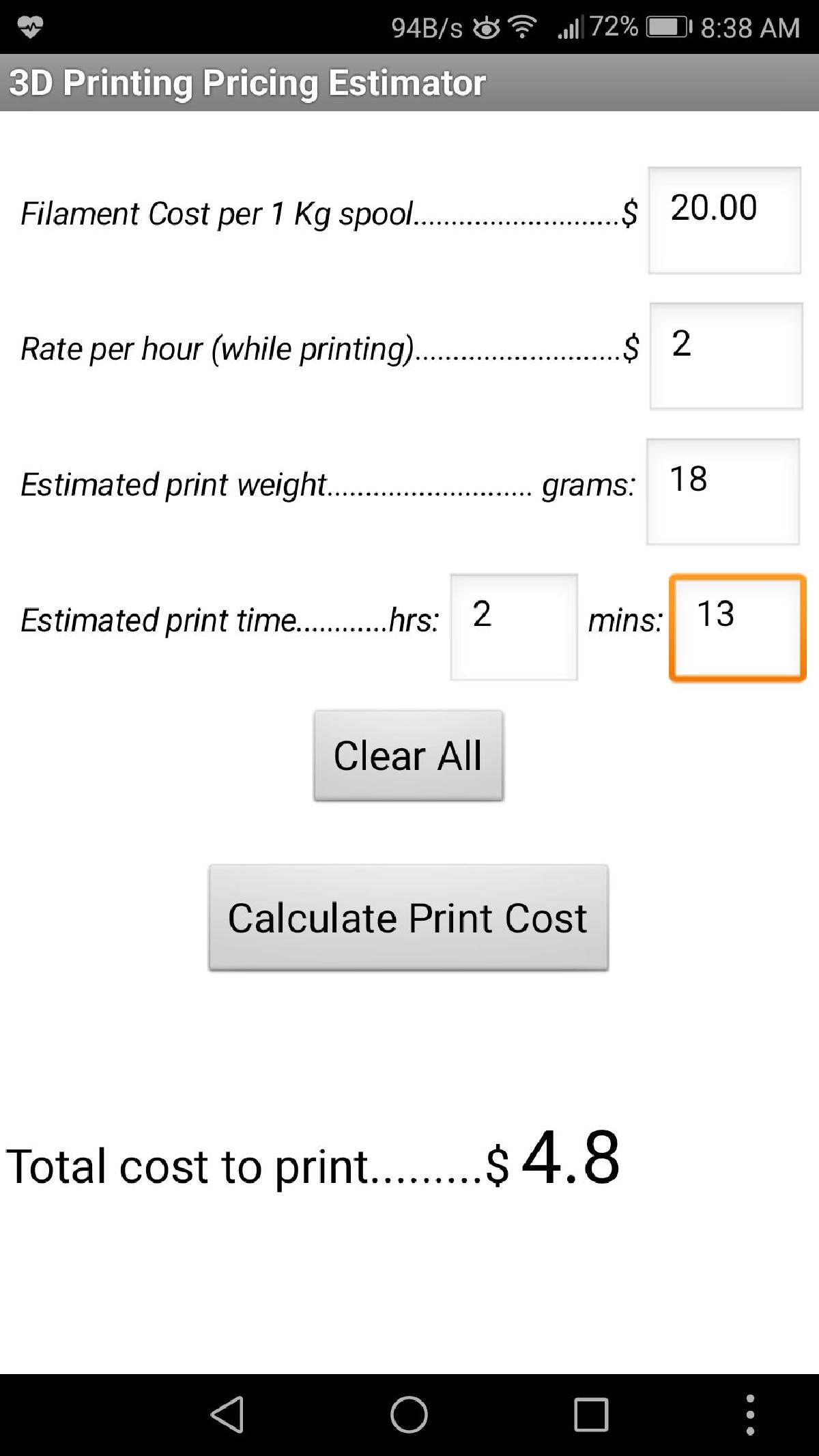 Aplicativo de Estimador de Custo de Impressao para Android