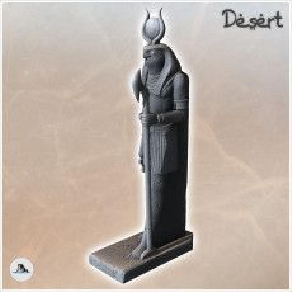 Estatua do deus egipcio Ra em pe sobre uma plataforma de pedra (6) Paisagem desertica arenosa 28mm 15mm RPG DND Nomade Terra Africana