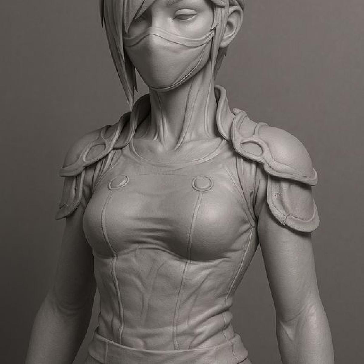 Sentinela Cibernetica Mascarada – Busto de Guerreira Sci Fi Feminina (Pronto para Impressao 3D)