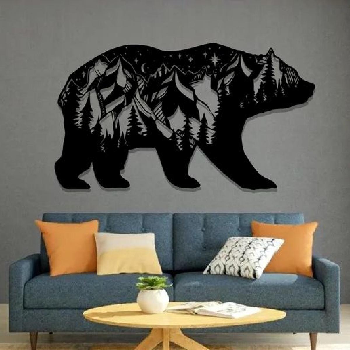 Adesivo de Parede Silhueta de Urso Animal da Floresta Paisagem Montanhas Stickers