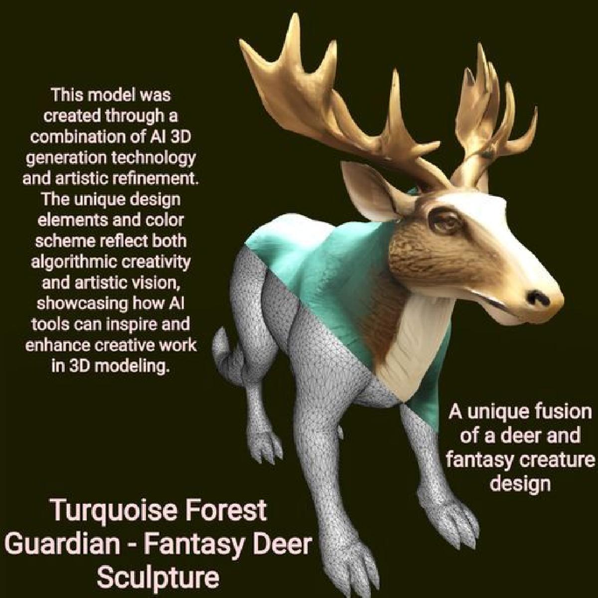 Guardiao da Floresta Turquesa Escultura de Veado Fantastico