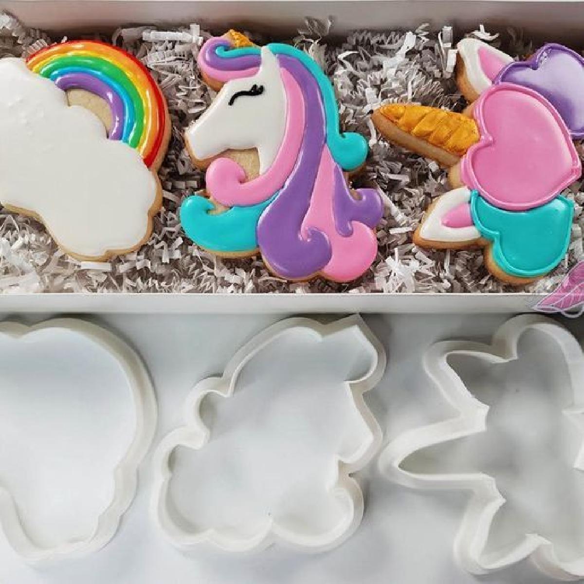 Conjunto de Cortadores de Biscoito de Unicornio: Bonito Unicornio, Chifre, Placa de Arco iris