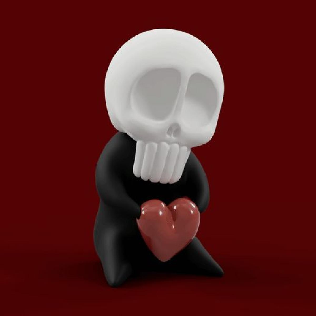 SkullBaby Love Escultura de estatueta de coracao de caveira Chibi bonito