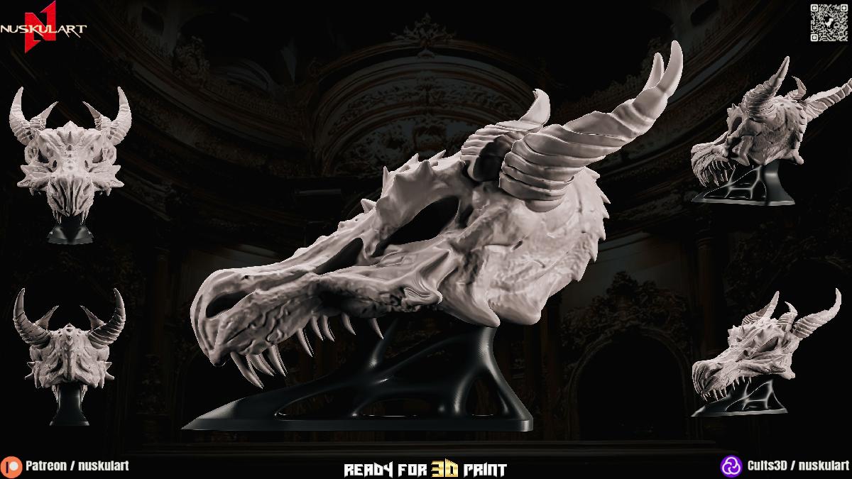 Decoracao de Cranio de Dragao com Suporte Impressao 3D STL