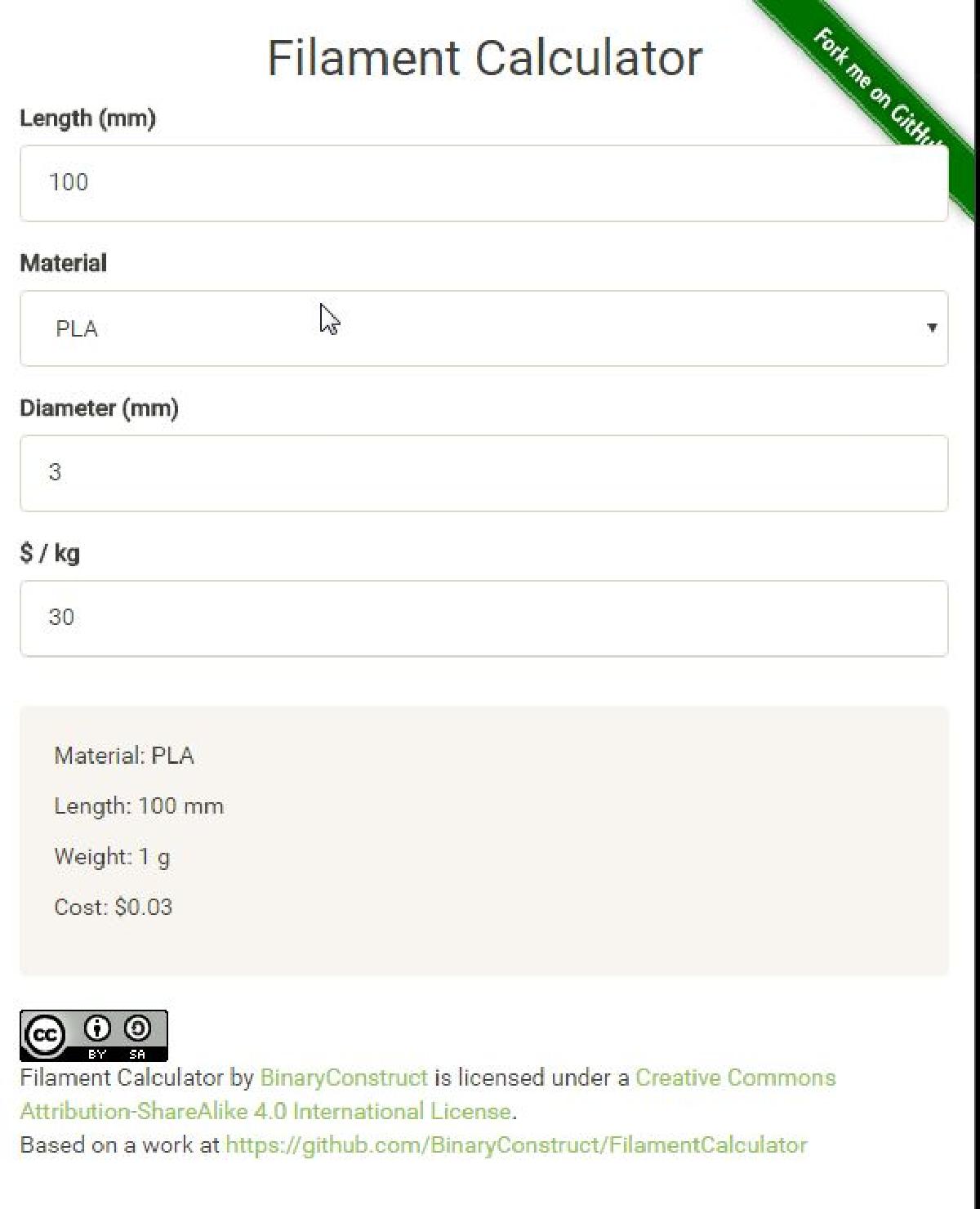 Calculadora de filamento rapida e simples baseada na web